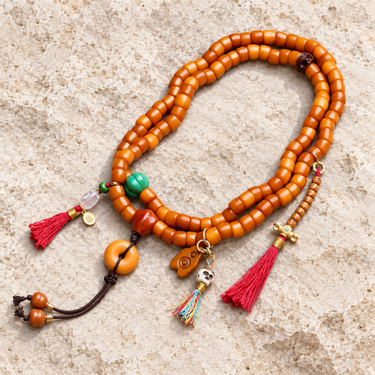 EverestArtstudios Bone 108-Bead Mala with Agate and Safety Ring Accents — overall display