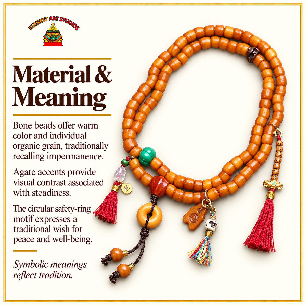 EverestArtstudios Bone 108-Bead Mala with Agate and Safety Ring Accents — materials meaning