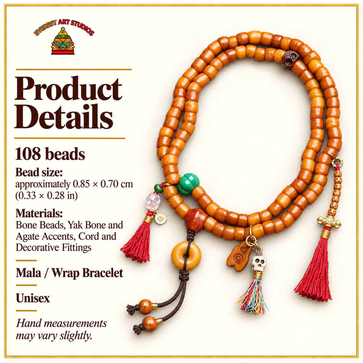 EverestArtstudios Bone 108-Bead Mala with Agate and Safety Ring Accents — specifications