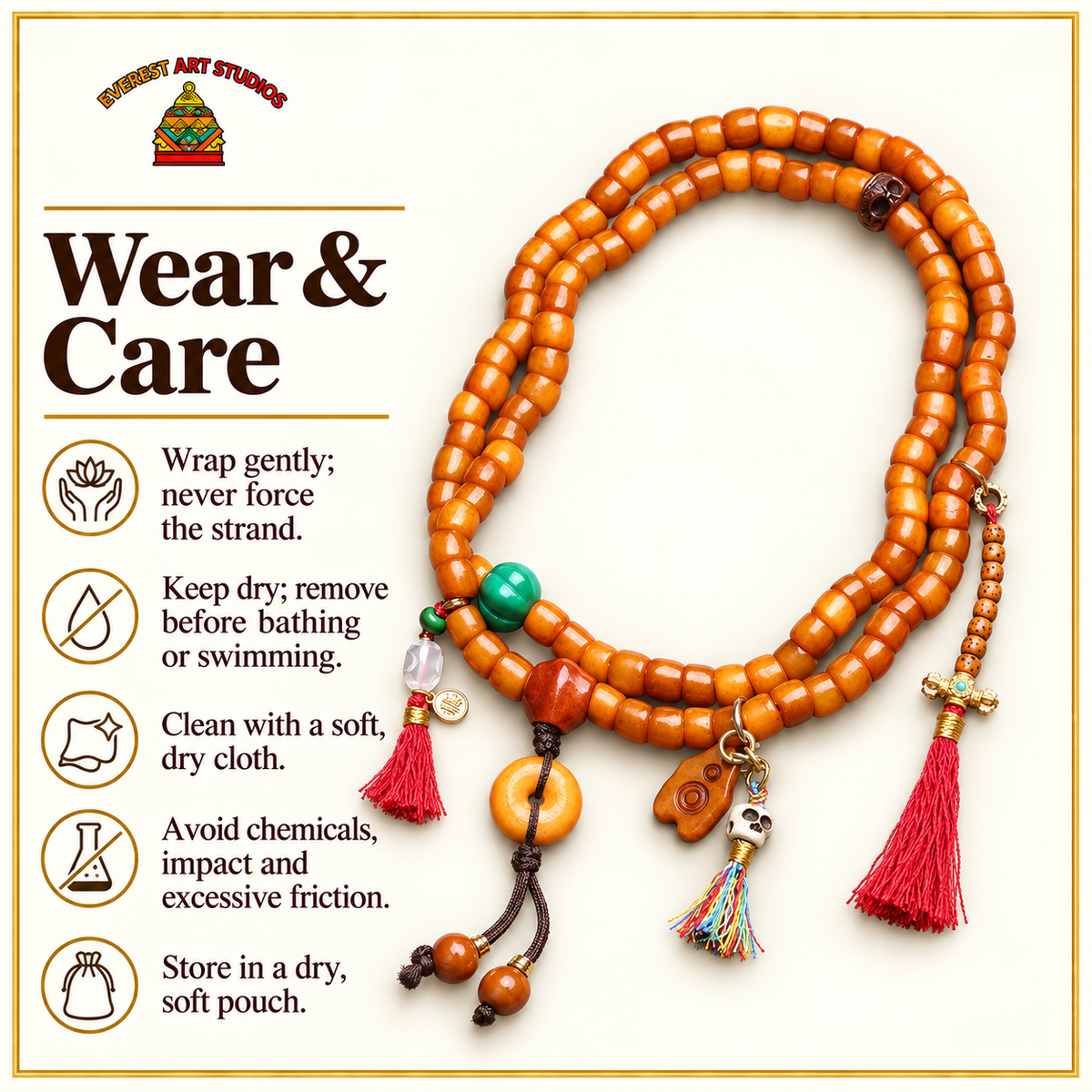 EverestArtstudios Bone 108-Bead Mala with Agate and Safety Ring Accents — care