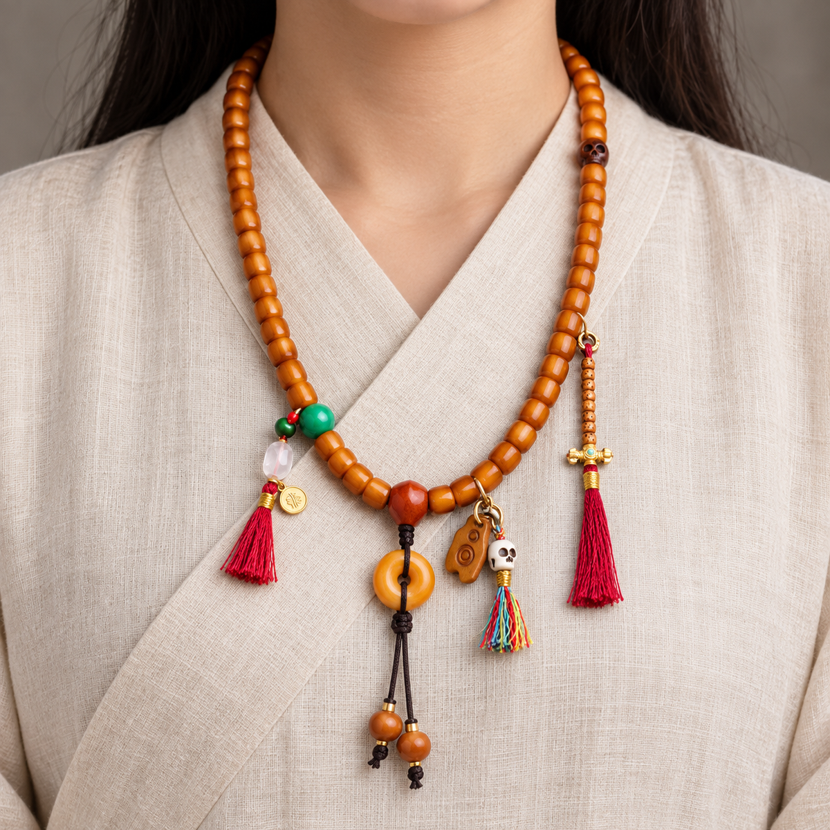 EverestArtstudios Bone 108-Bead Mala with Agate and Safety Ring Accents — linen front
