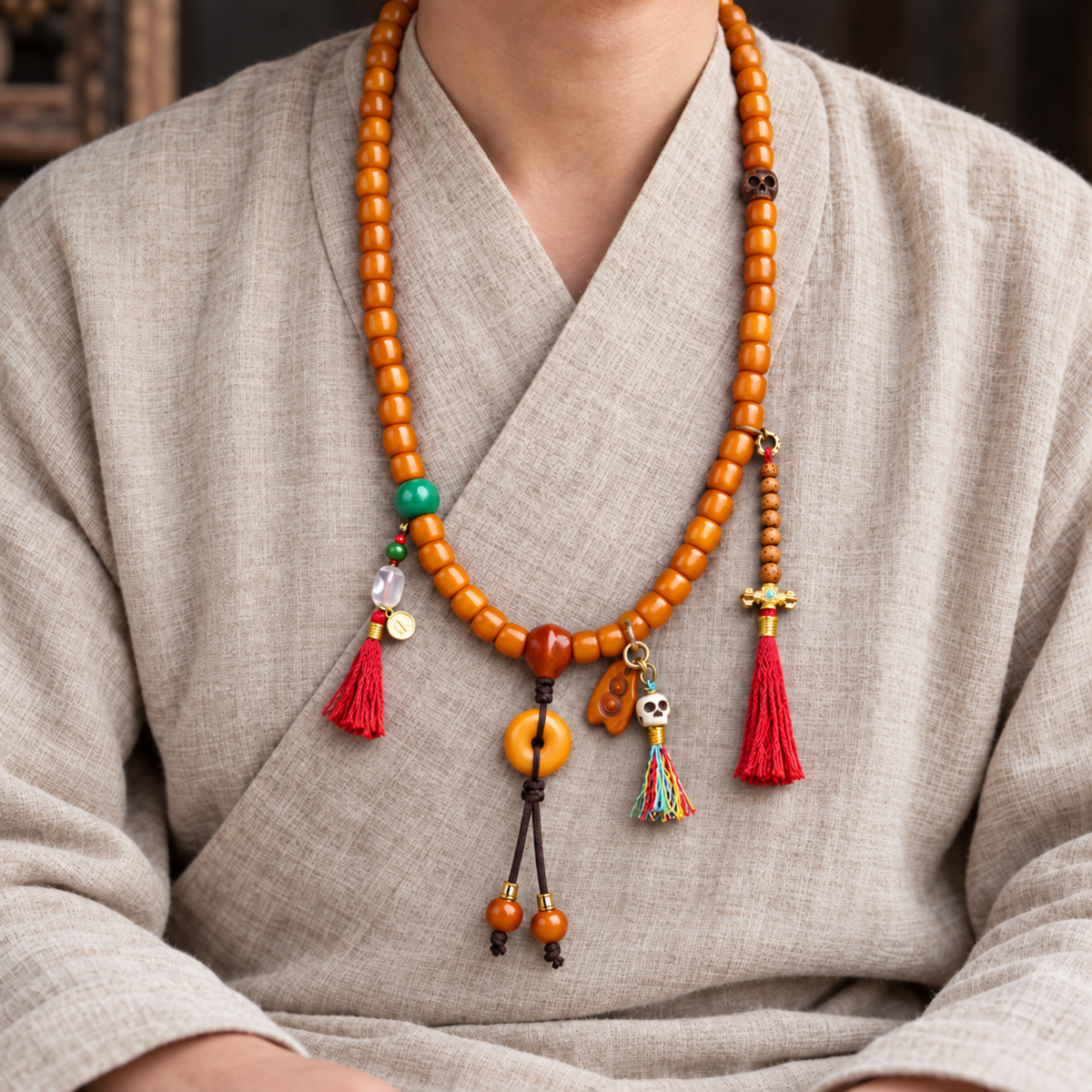 EverestArtstudios Bone 108-Bead Mala with Agate and Safety Ring Accents — linen seated