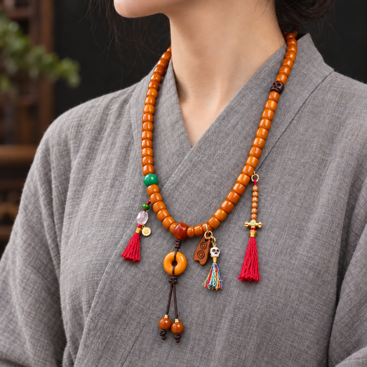 EverestArtstudios Bone 108-Bead Mala with Agate and Safety Ring Accents — linen side