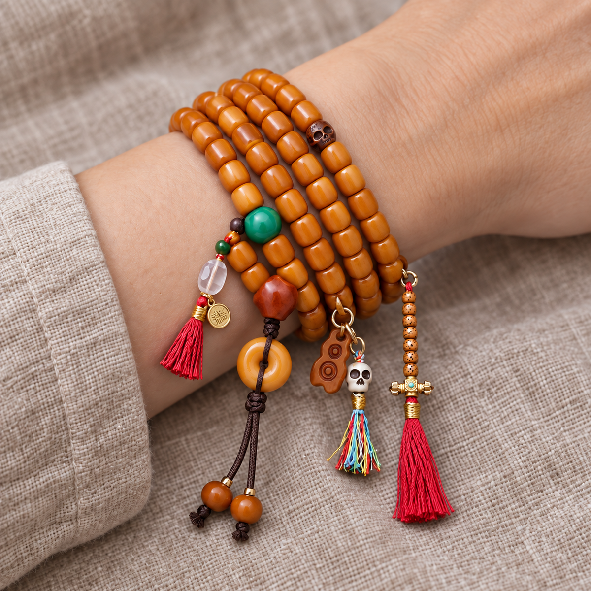 EverestArtstudios Bone 108-Bead Mala with Agate and Safety Ring Accents — wrist resting