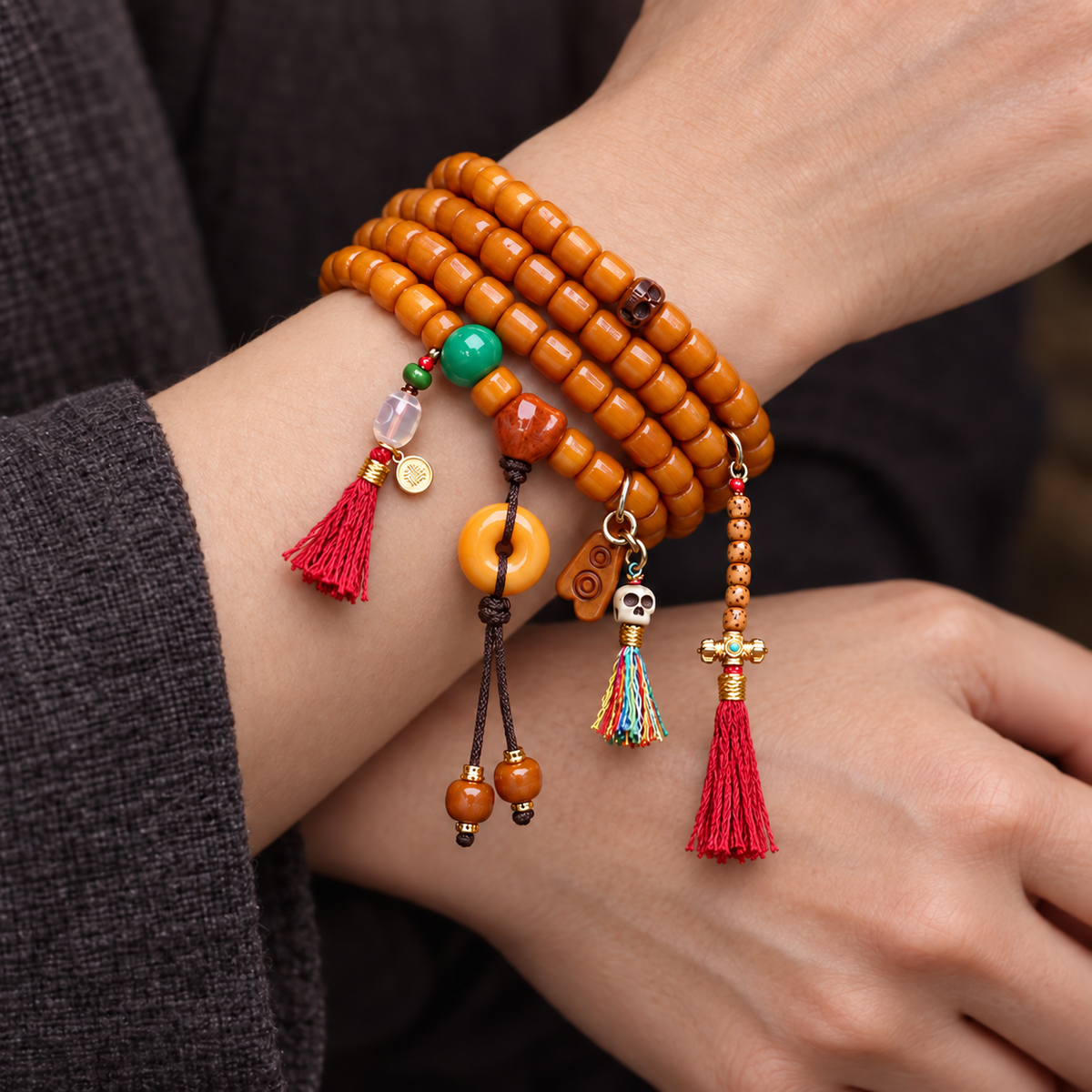 EverestArtstudios Bone 108-Bead Mala with Agate and Safety Ring Accents — wrist crossed