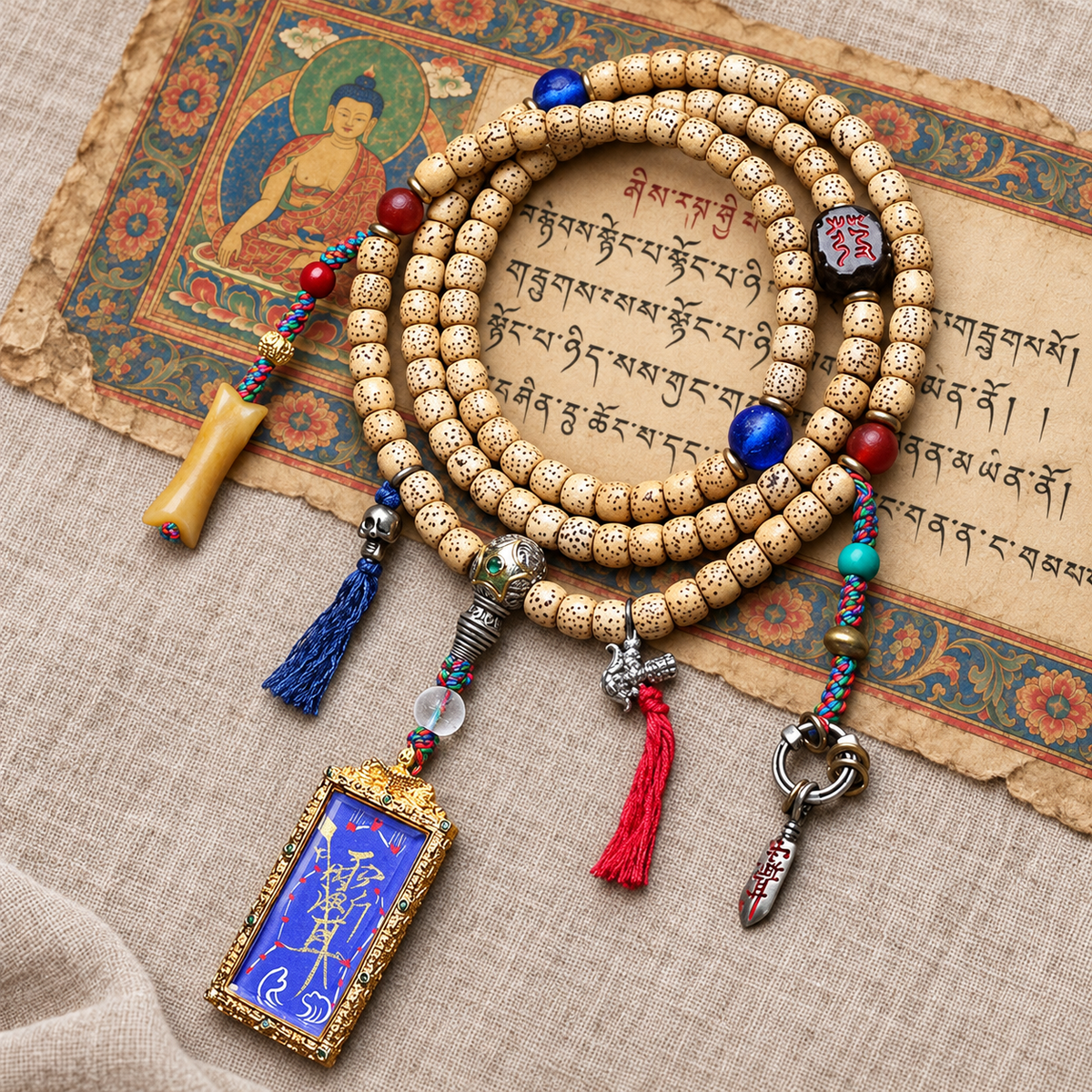 EverestArtstudios Xingyue Bodhi 108-Bead Mala with Thangka-Style Pendant and Sandalwood — full product