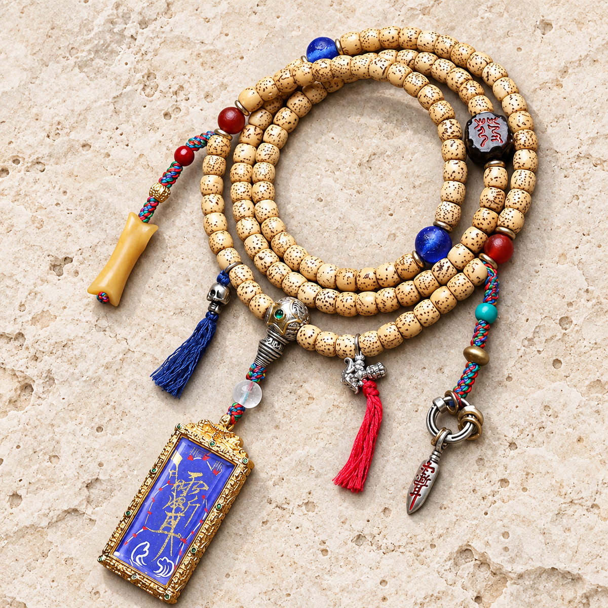 EverestArtstudios Xingyue Bodhi 108-Bead Mala with Thangka-Style Pendant and Sandalwood — overall display