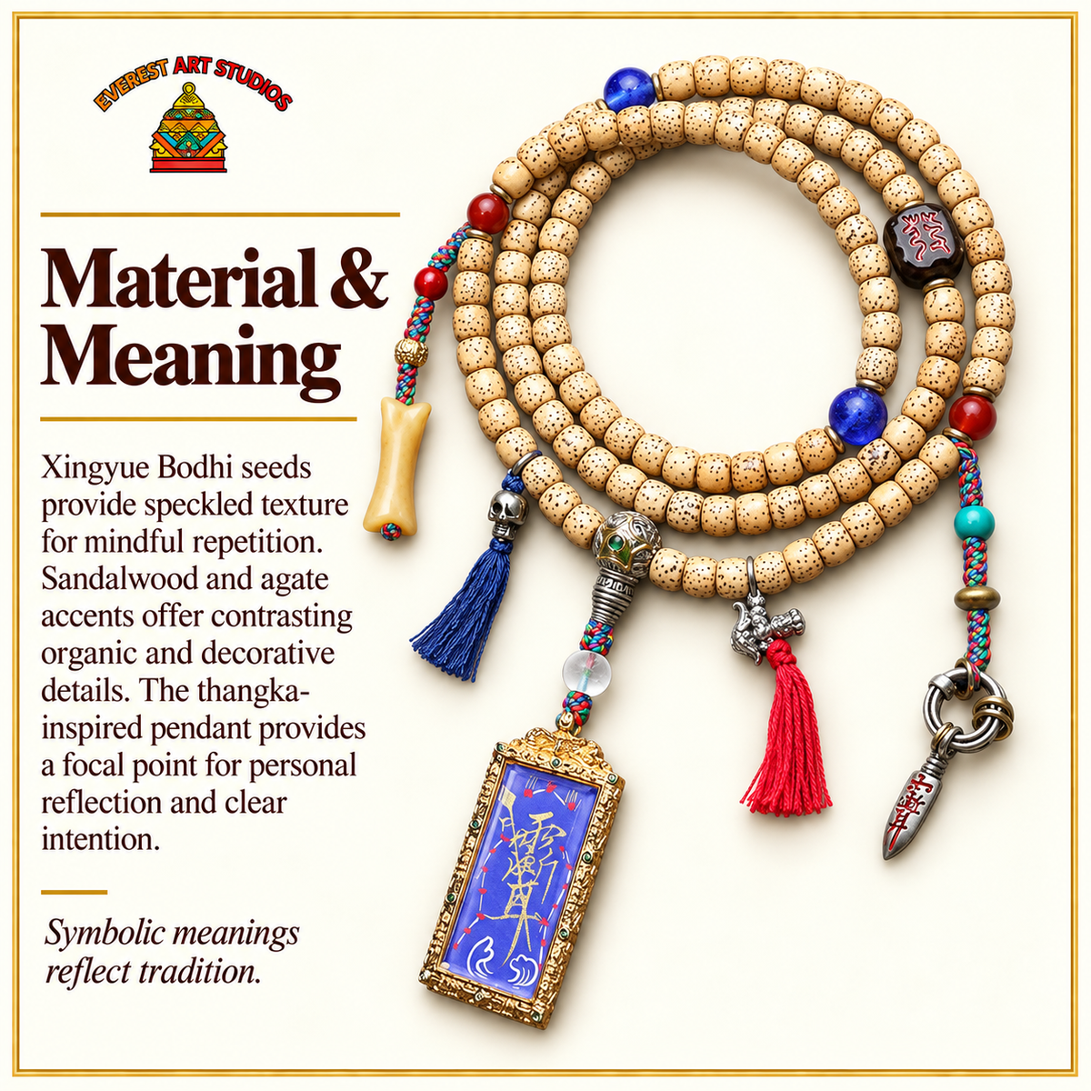 EverestArtstudios Xingyue Bodhi 108-Bead Mala with Thangka-Style Pendant and Sandalwood — materials meaning