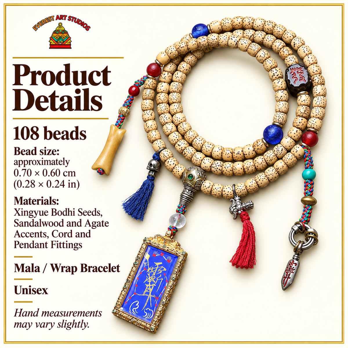 EverestArtstudios Xingyue Bodhi 108-Bead Mala with Thangka-Style Pendant and Sandalwood — specifications