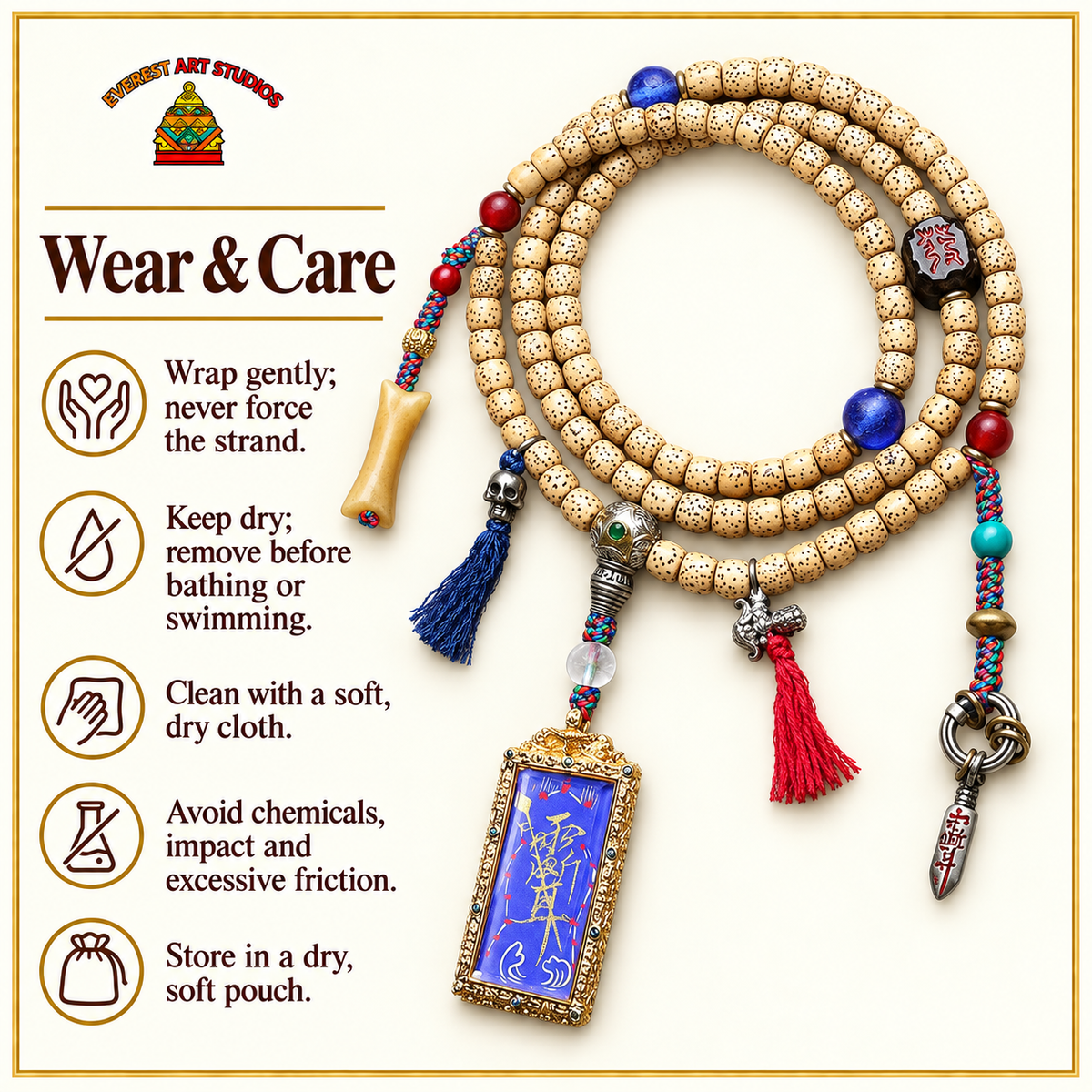 EverestArtstudios Xingyue Bodhi 108-Bead Mala with Thangka-Style Pendant and Sandalwood — care