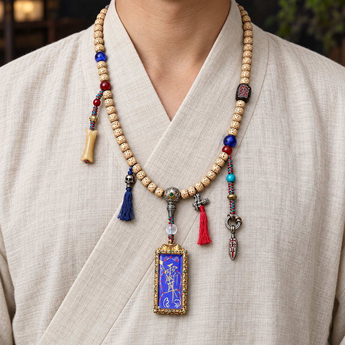 EverestArtstudios Xingyue Bodhi 108-Bead Mala with Thangka-Style Pendant and Sandalwood — linen front