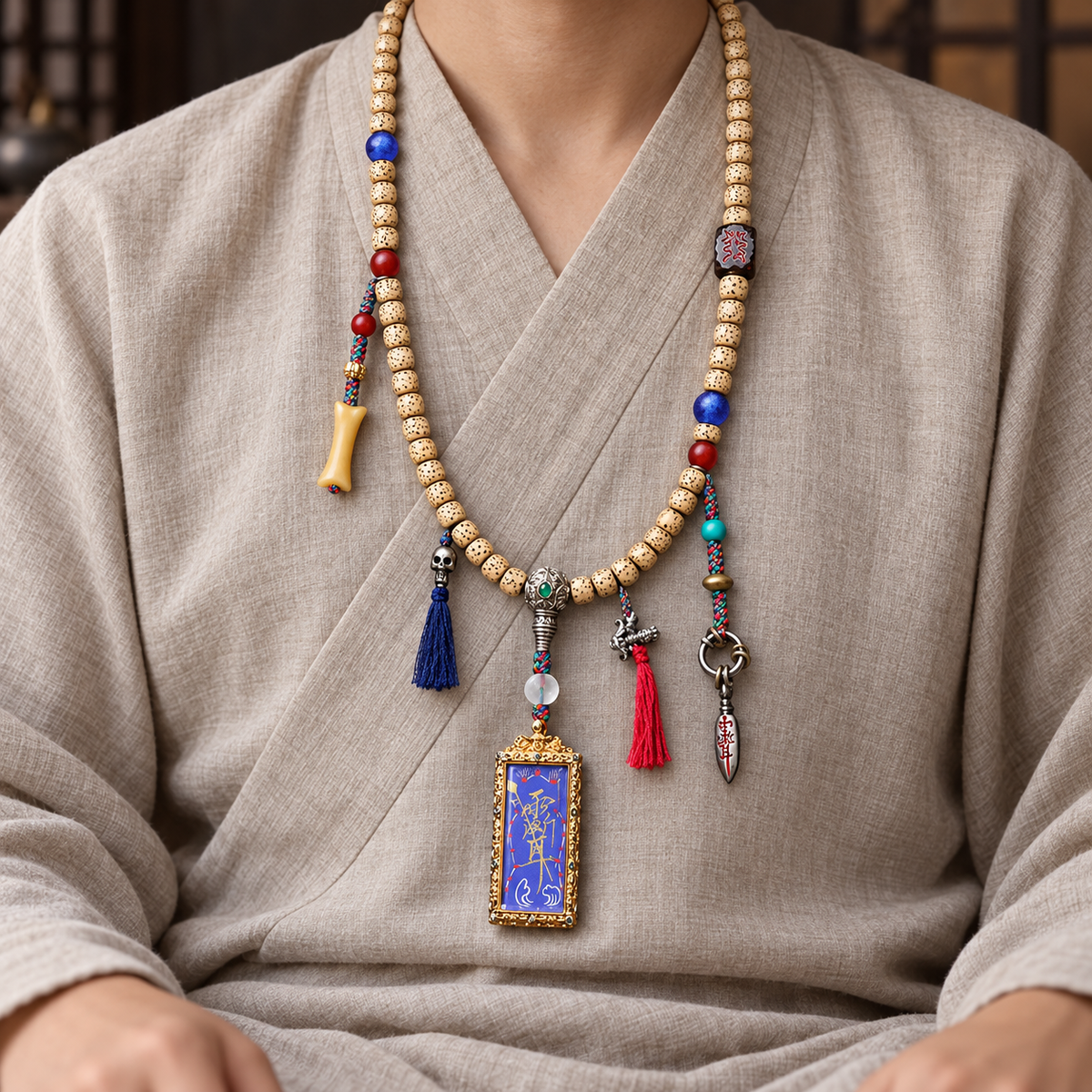EverestArtstudios Xingyue Bodhi 108-Bead Mala with Thangka-Style Pendant and Sandalwood — linen seated