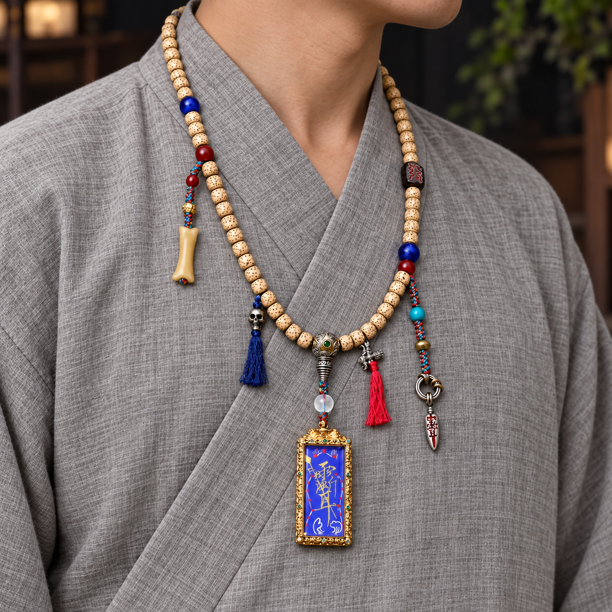 EverestArtstudios Xingyue Bodhi 108-Bead Mala with Thangka-Style Pendant and Sandalwood — linen side