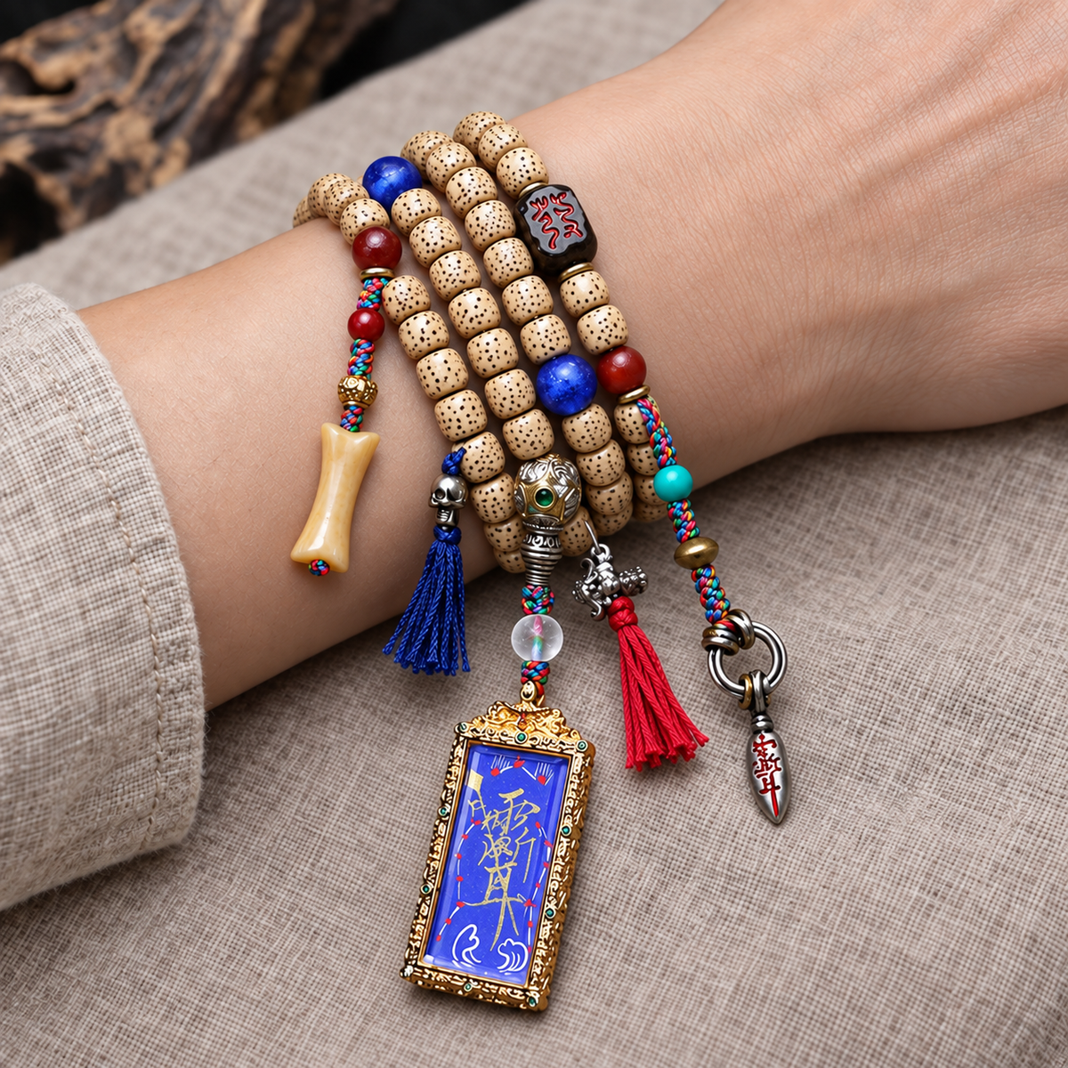 EverestArtstudios Xingyue Bodhi 108-Bead Mala with Thangka-Style Pendant and Sandalwood — wrist resting