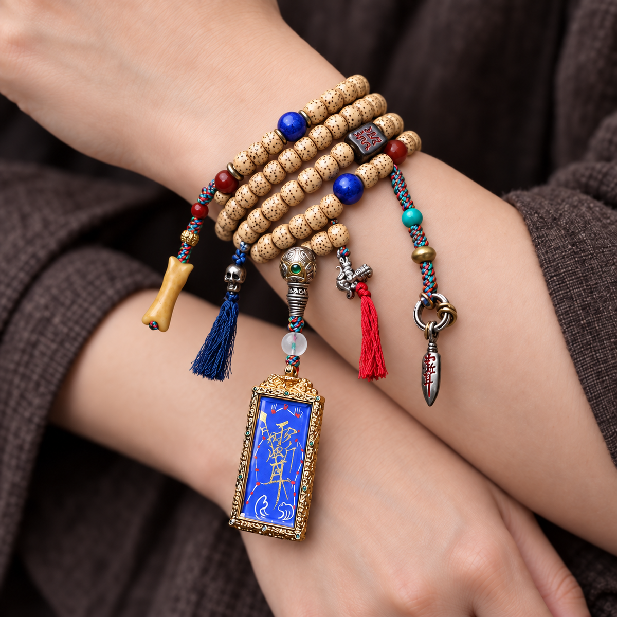 EverestArtstudios Xingyue Bodhi 108-Bead Mala with Thangka-Style Pendant and Sandalwood — wrist crossed