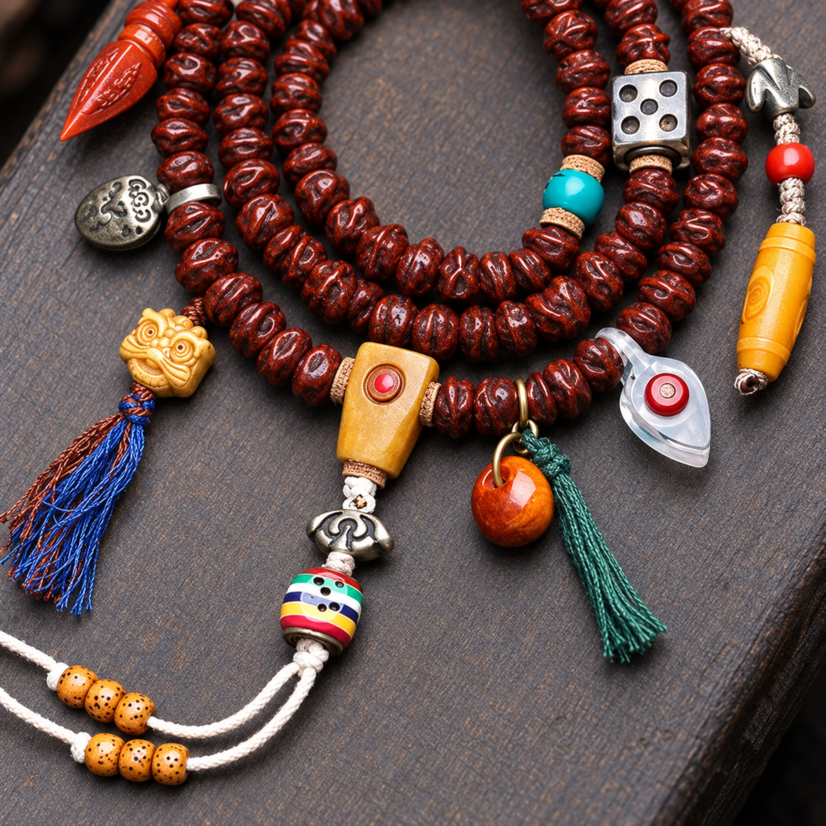 EverestArtstudios Bodhi Seed 108-Bead Mala with Dzi-Style and Vajra Motif Accents — connection detail