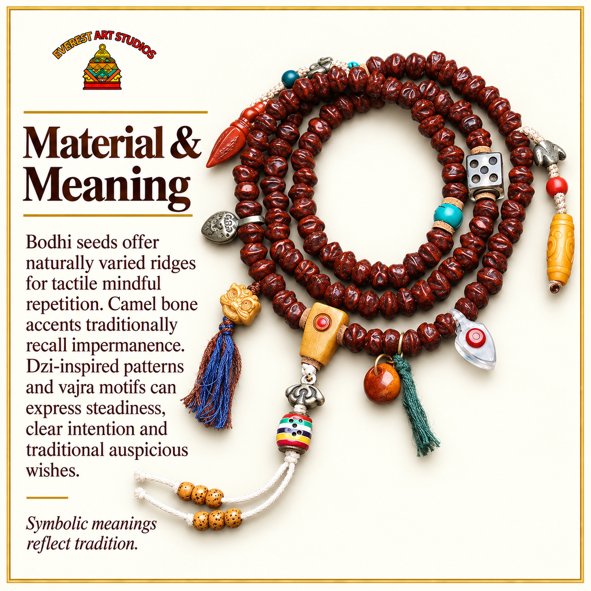 EverestArtstudios Bodhi Seed 108-Bead Mala with Dzi-Style and Vajra Motif Accents — materials meaning