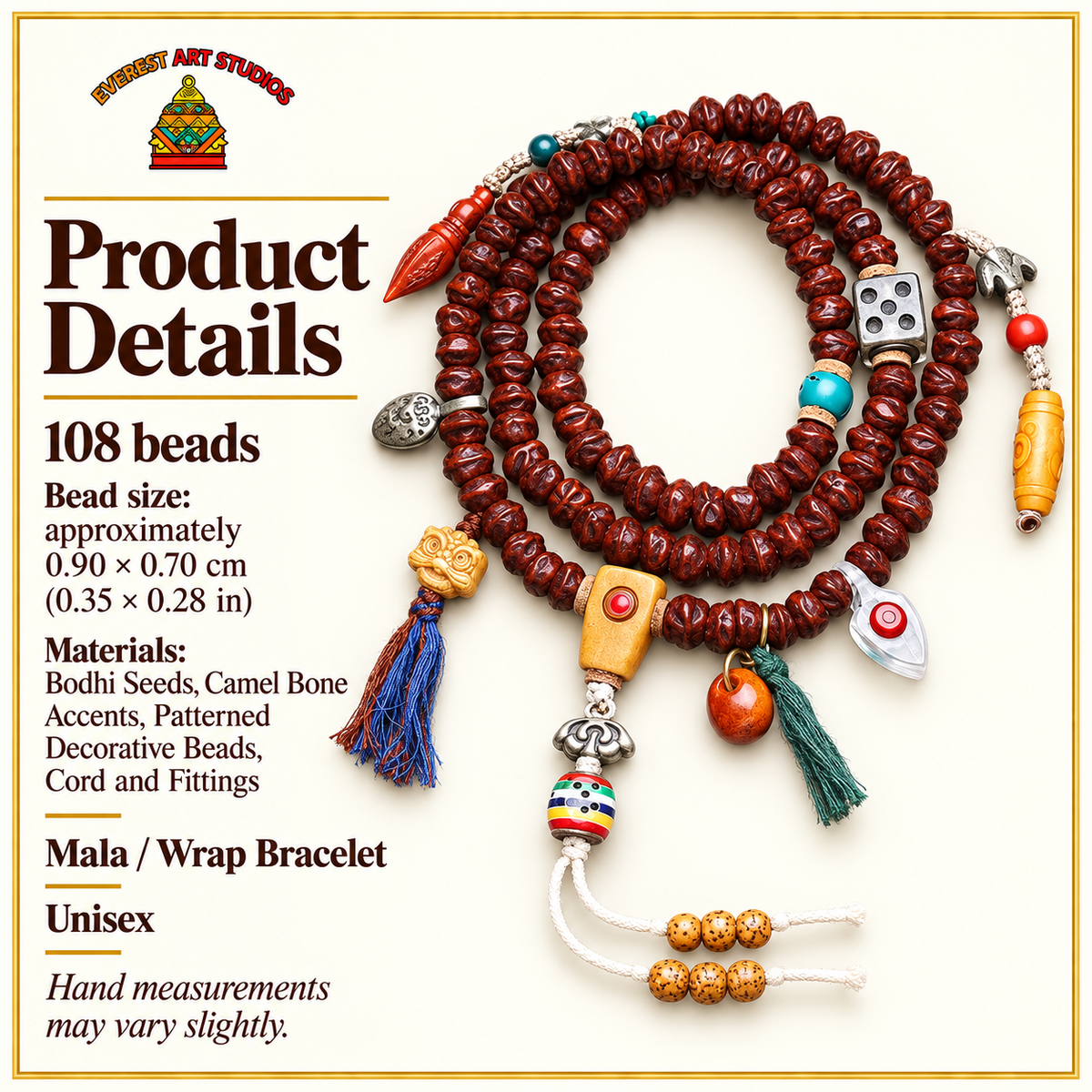 EverestArtstudios Bodhi Seed 108-Bead Mala with Dzi-Style and Vajra Motif Accents — specifications
