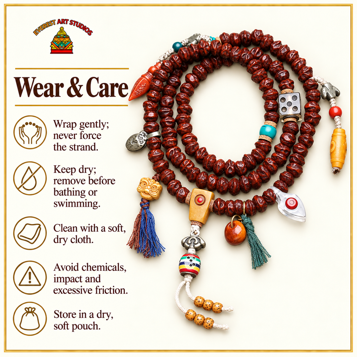 EverestArtstudios Bodhi Seed 108-Bead Mala with Dzi-Style and Vajra Motif Accents — care