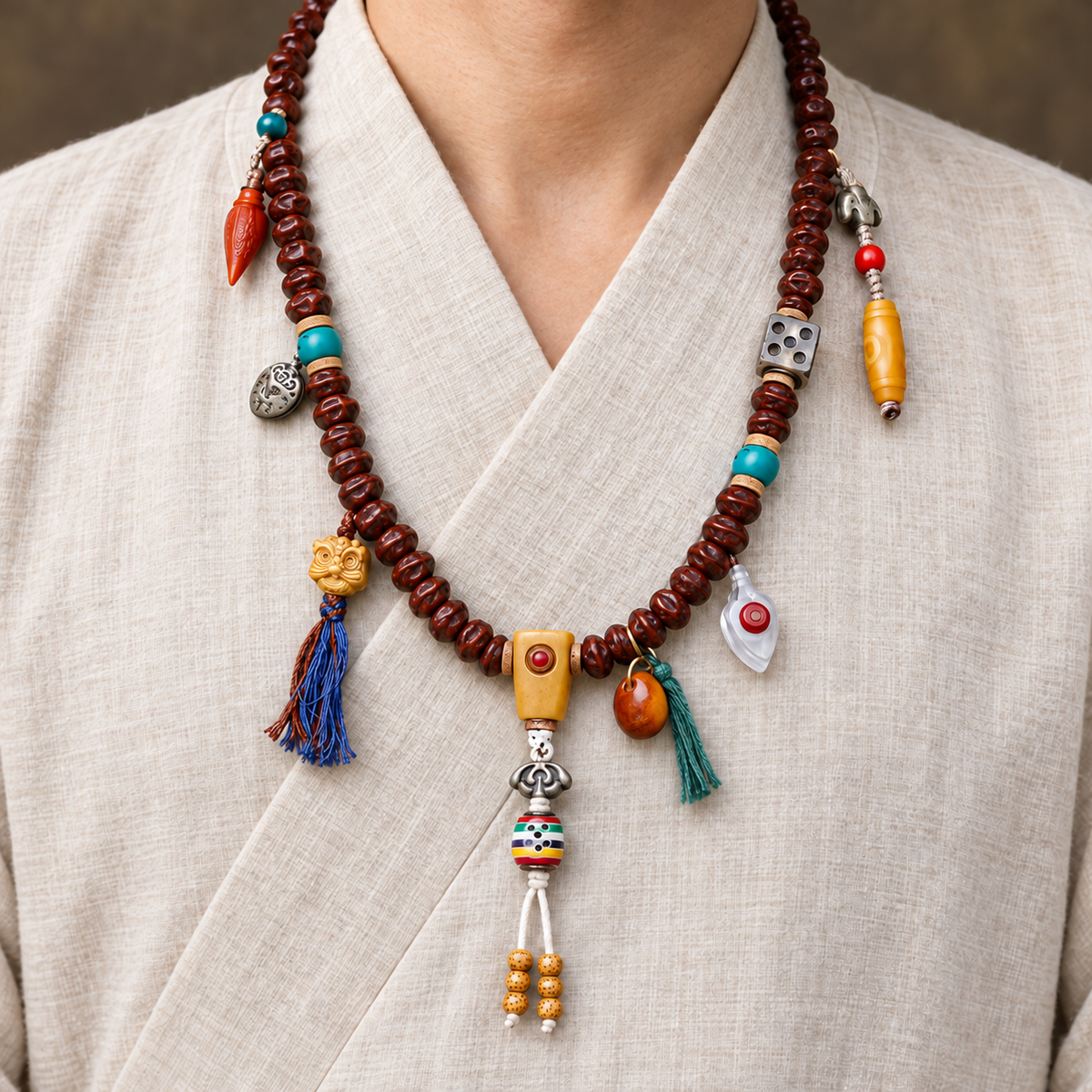 EverestArtstudios Bodhi Seed 108-Bead Mala with Dzi-Style and Vajra Motif Accents — linen front
