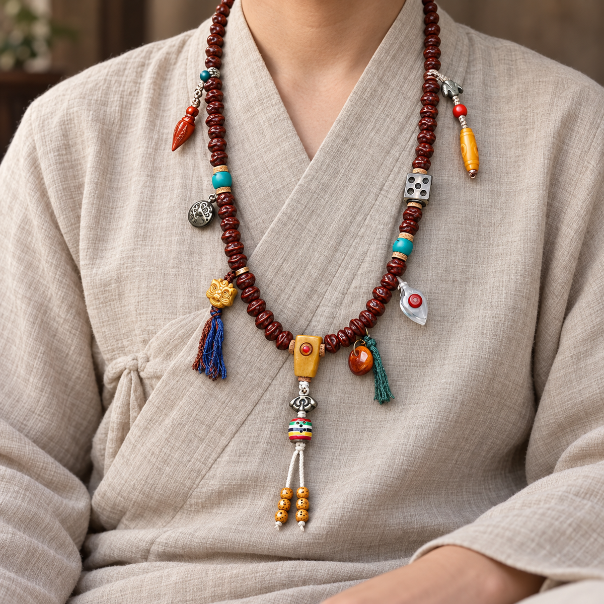EverestArtstudios Bodhi Seed 108-Bead Mala with Dzi-Style and Vajra Motif Accents — linen seated