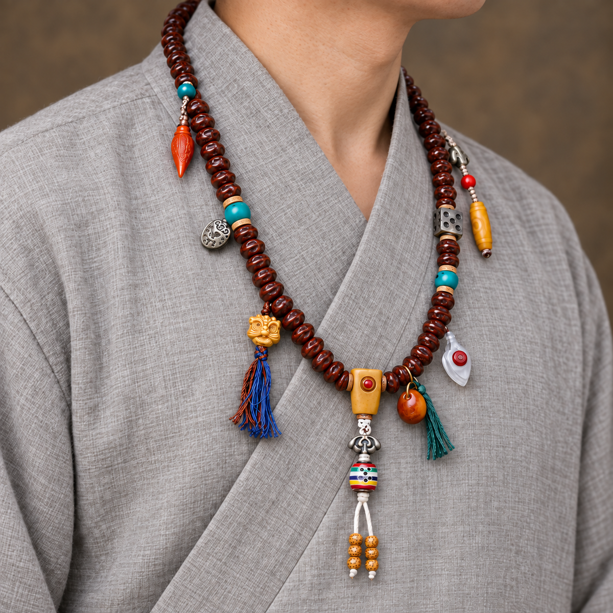 EverestArtstudios Bodhi Seed 108-Bead Mala with Dzi-Style and Vajra Motif Accents — linen side