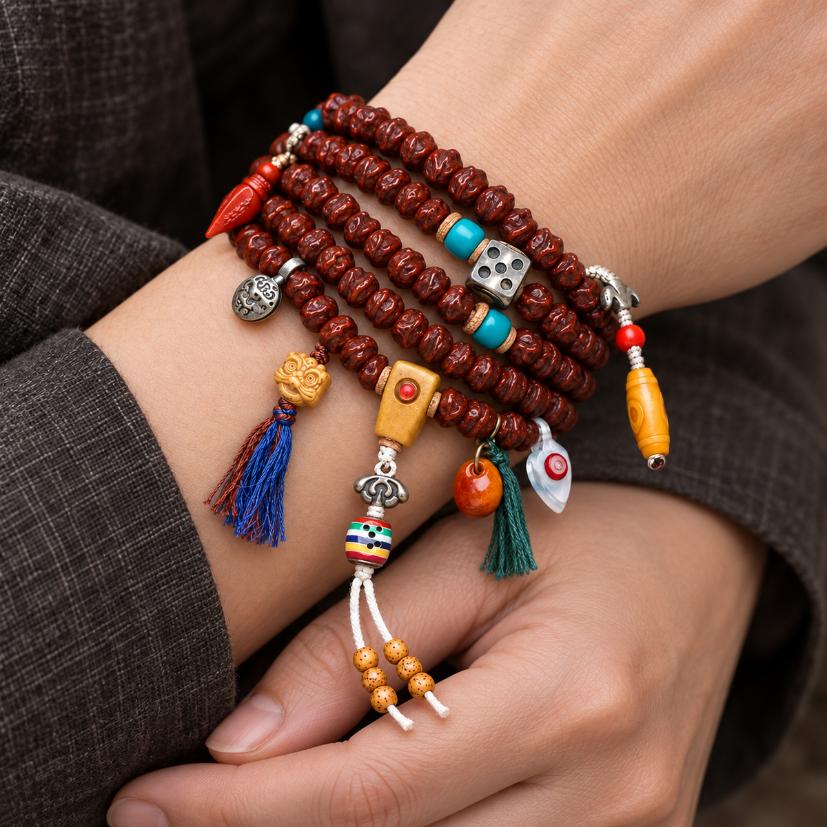 EverestArtstudios Bodhi Seed 108-Bead Mala with Dzi-Style and Vajra Motif Accents — wrist crossed