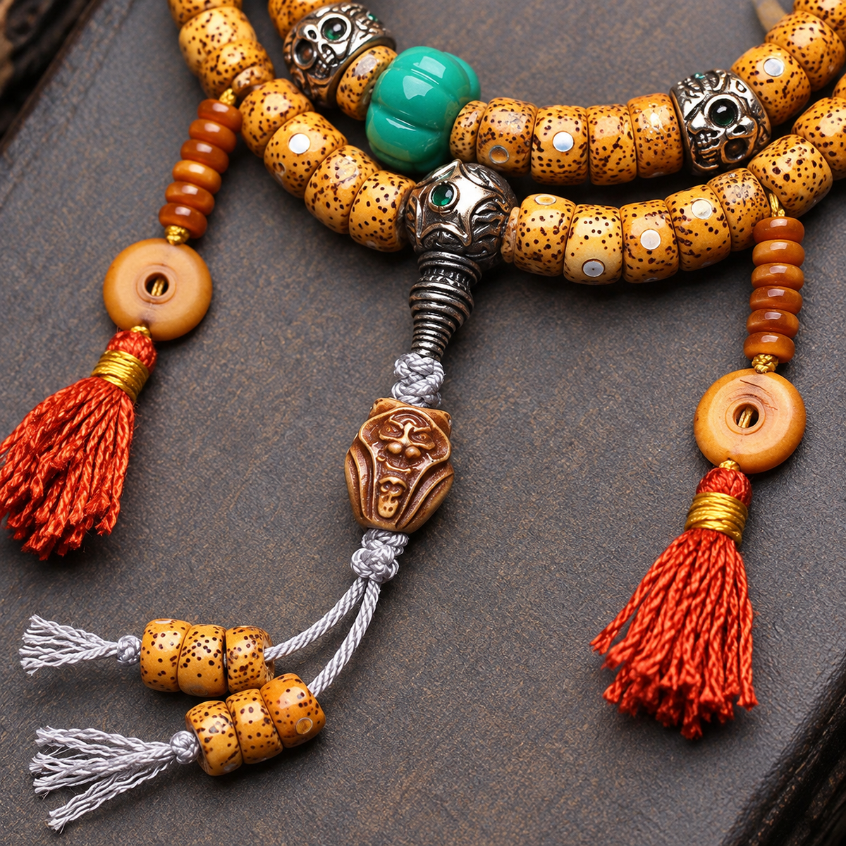 EverestArtstudios Textured Xingyue Bodhi 108-Bead Mala with Bone Accents — connection detail