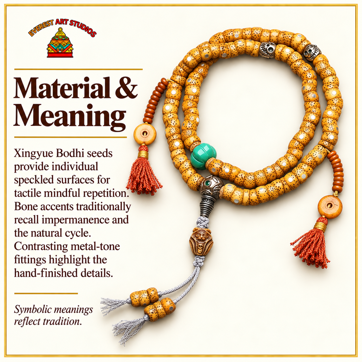 EverestArtstudios Textured Xingyue Bodhi 108-Bead Mala with Bone Accents — materials meaning