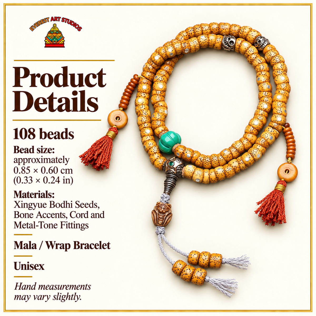 EverestArtstudios Textured Xingyue Bodhi 108-Bead Mala with Bone Accents — specifications