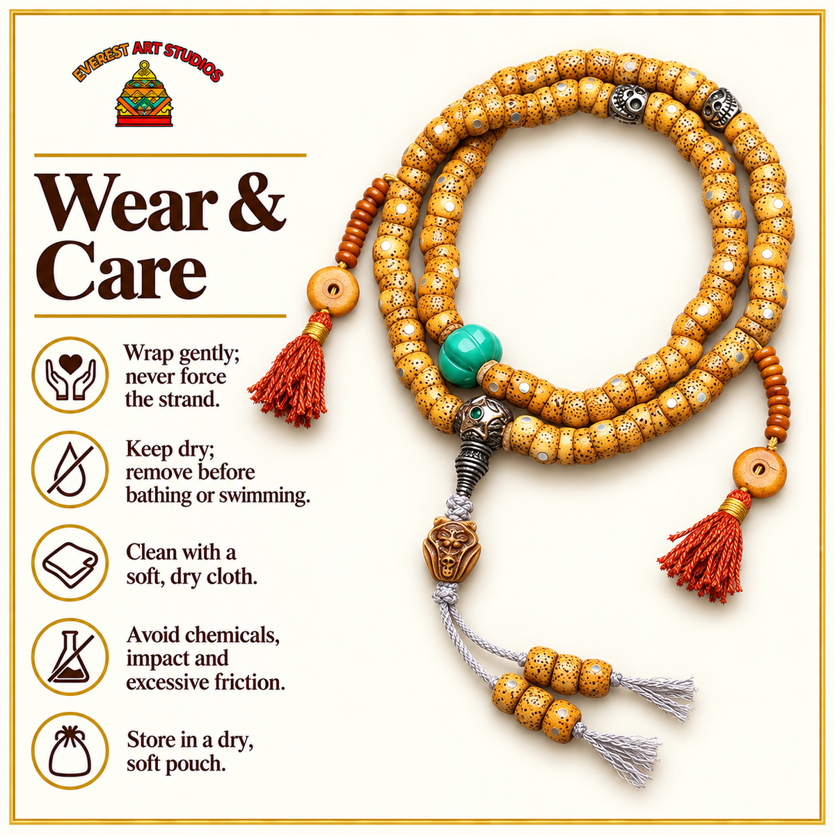 EverestArtstudios Textured Xingyue Bodhi 108-Bead Mala with Bone Accents — care