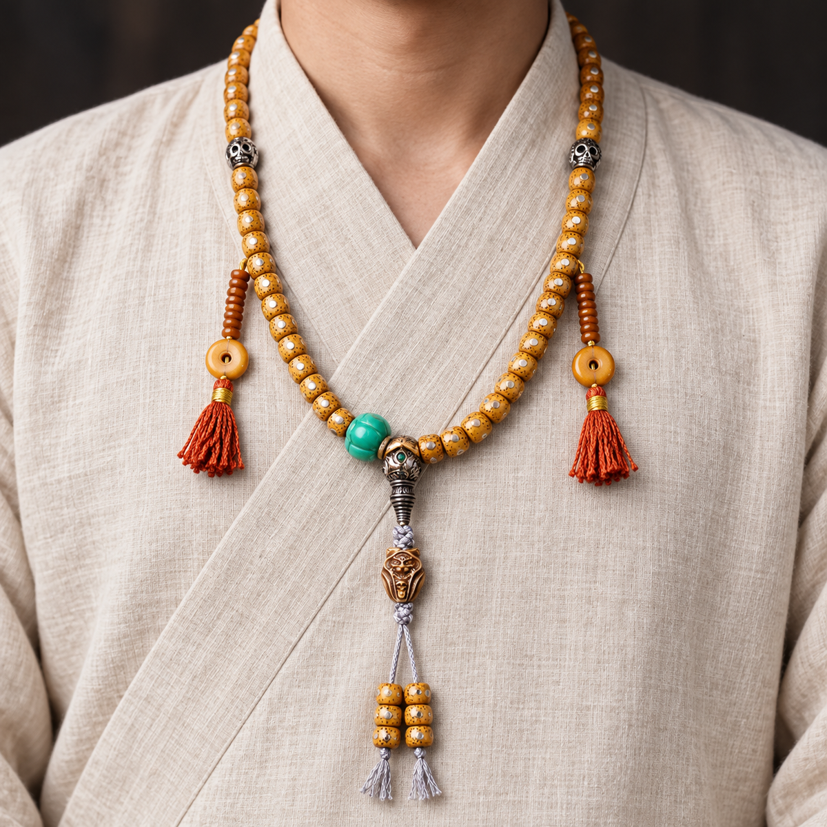 EverestArtstudios Textured Xingyue Bodhi 108-Bead Mala with Bone Accents — linen front