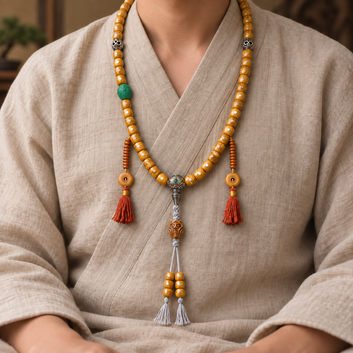 EverestArtstudios Textured Xingyue Bodhi 108-Bead Mala with Bone Accents — linen seated