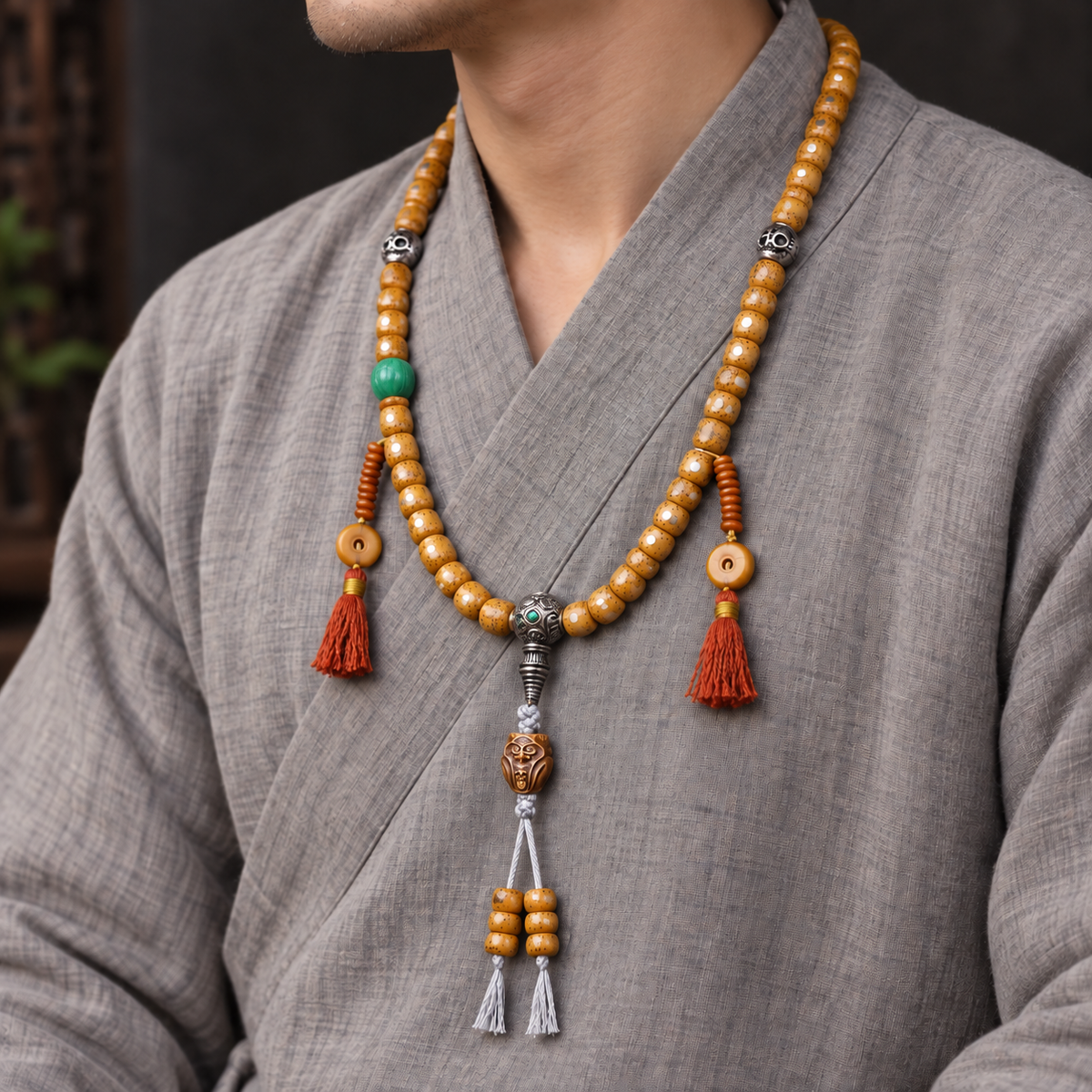 EverestArtstudios Textured Xingyue Bodhi 108-Bead Mala with Bone Accents — linen side