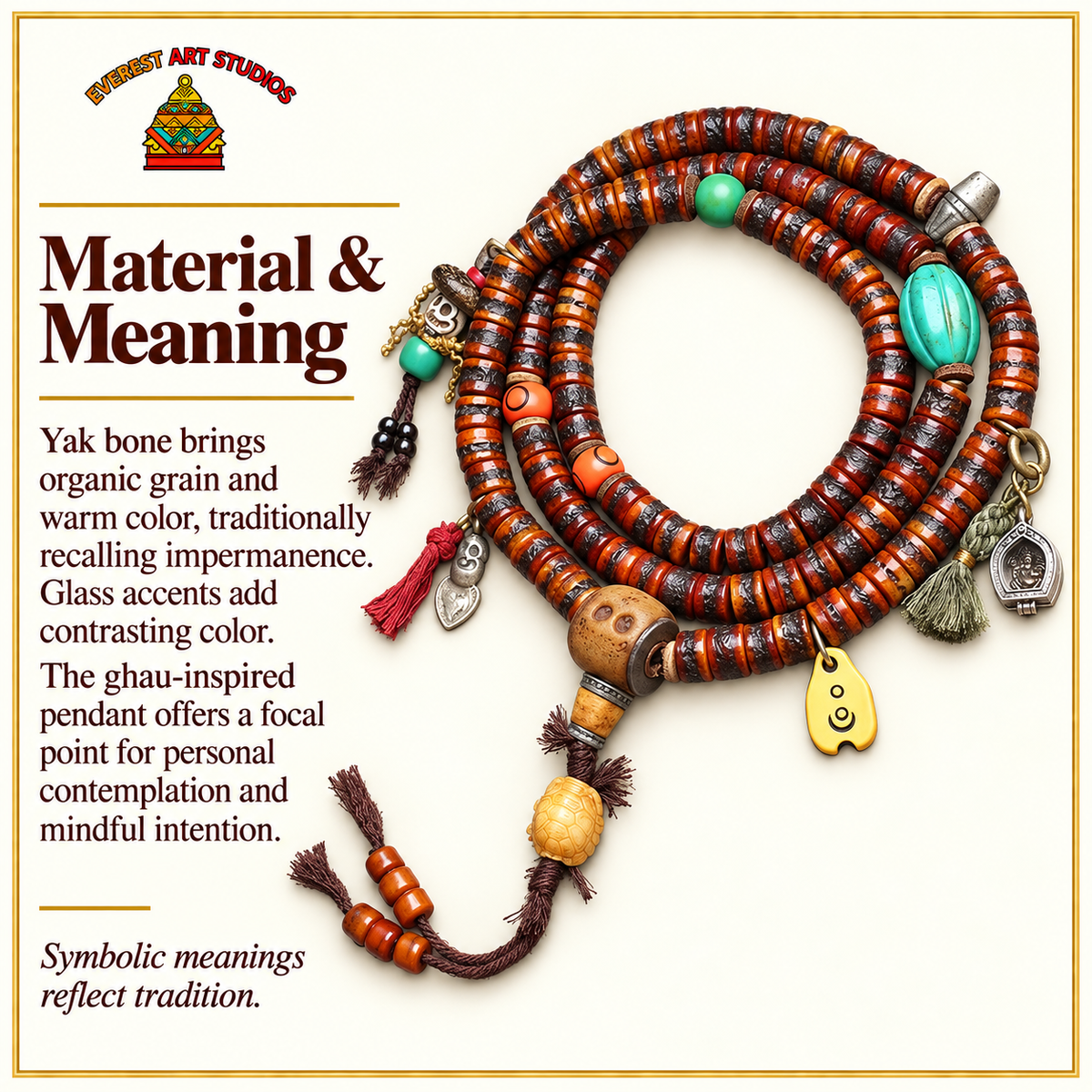 EverestArtstudios Yak Bone 108-Bead Mala with Ghau Pendant and Hanging Charm — materials meaning
