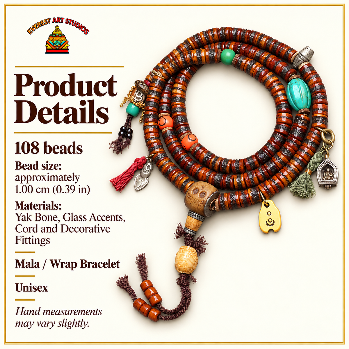 EverestArtstudios Yak Bone 108-Bead Mala with Ghau Pendant and Hanging Charm — specifications