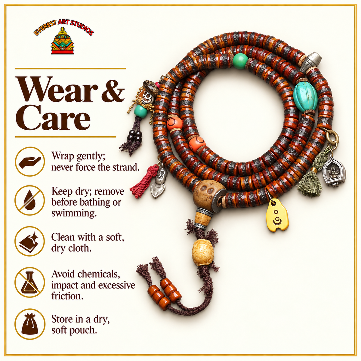 EverestArtstudios Yak Bone 108-Bead Mala with Ghau Pendant and Hanging Charm — care