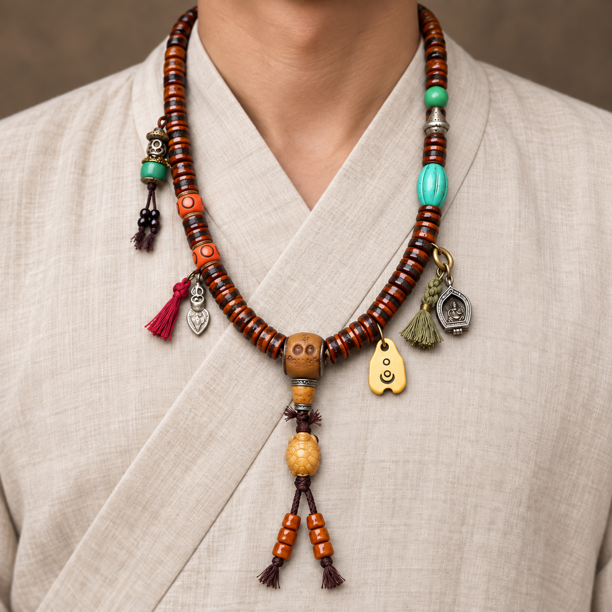 EverestArtstudios Yak Bone 108-Bead Mala with Ghau Pendant and Hanging Charm — linen front