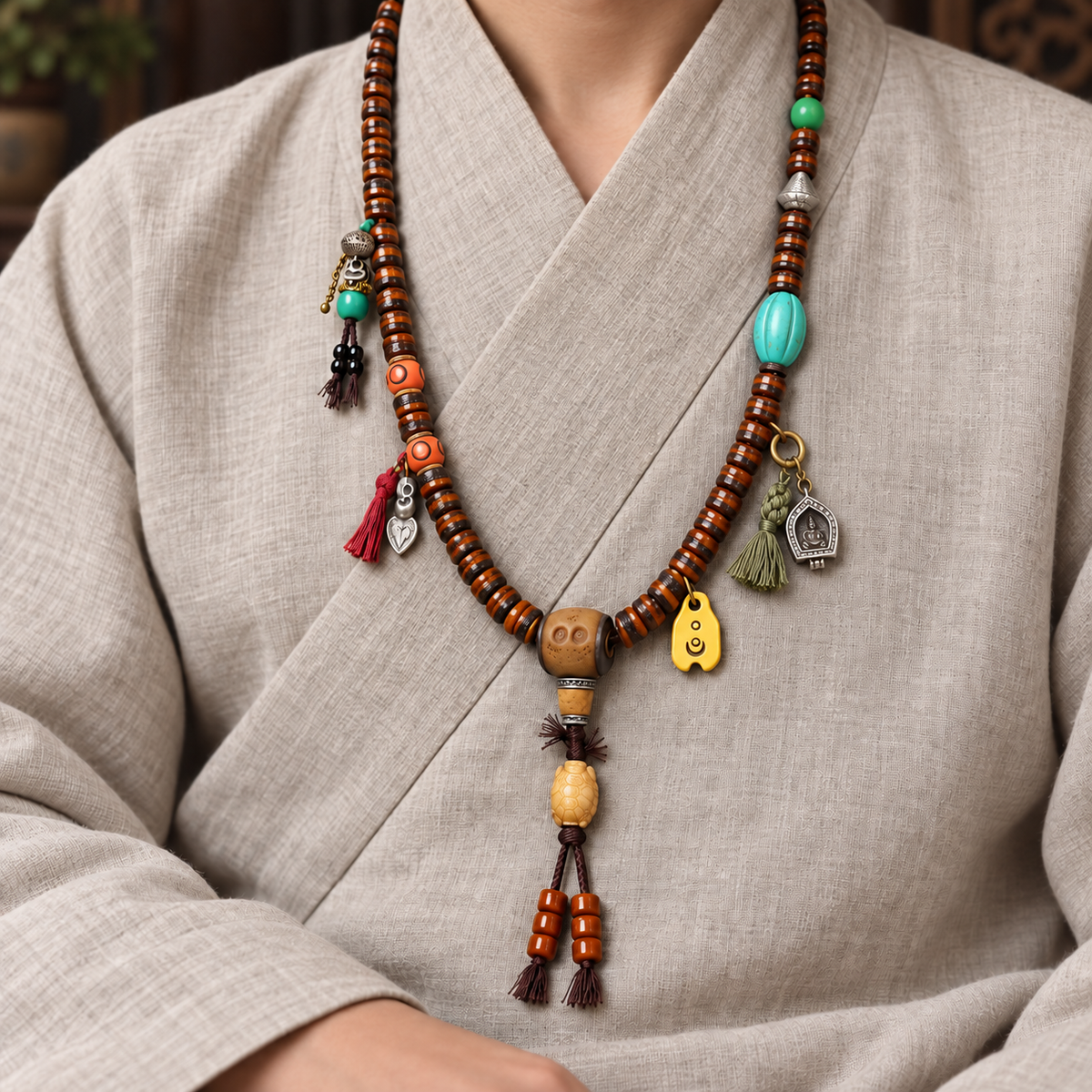 EverestArtstudios Yak Bone 108-Bead Mala with Ghau Pendant and Hanging Charm — linen seated