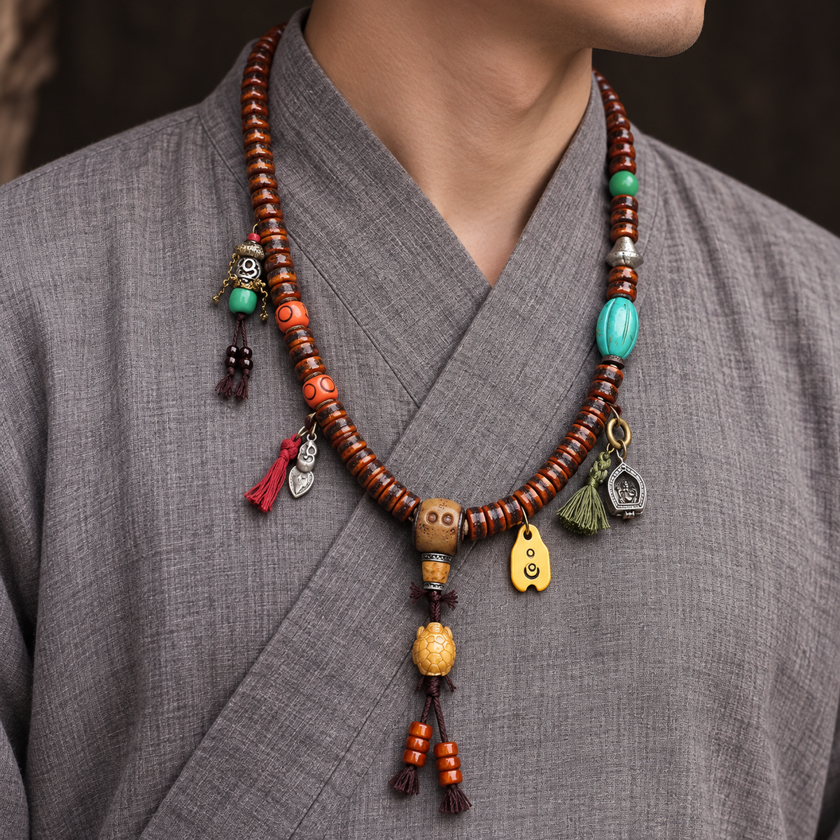EverestArtstudios Yak Bone 108-Bead Mala with Ghau Pendant and Hanging Charm — linen side