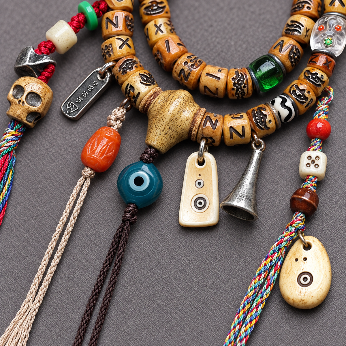EverestArtstudios Carved Yak Bone 108-Bead Mala with Camel Bone, Glass and Agate Accents — connection detail