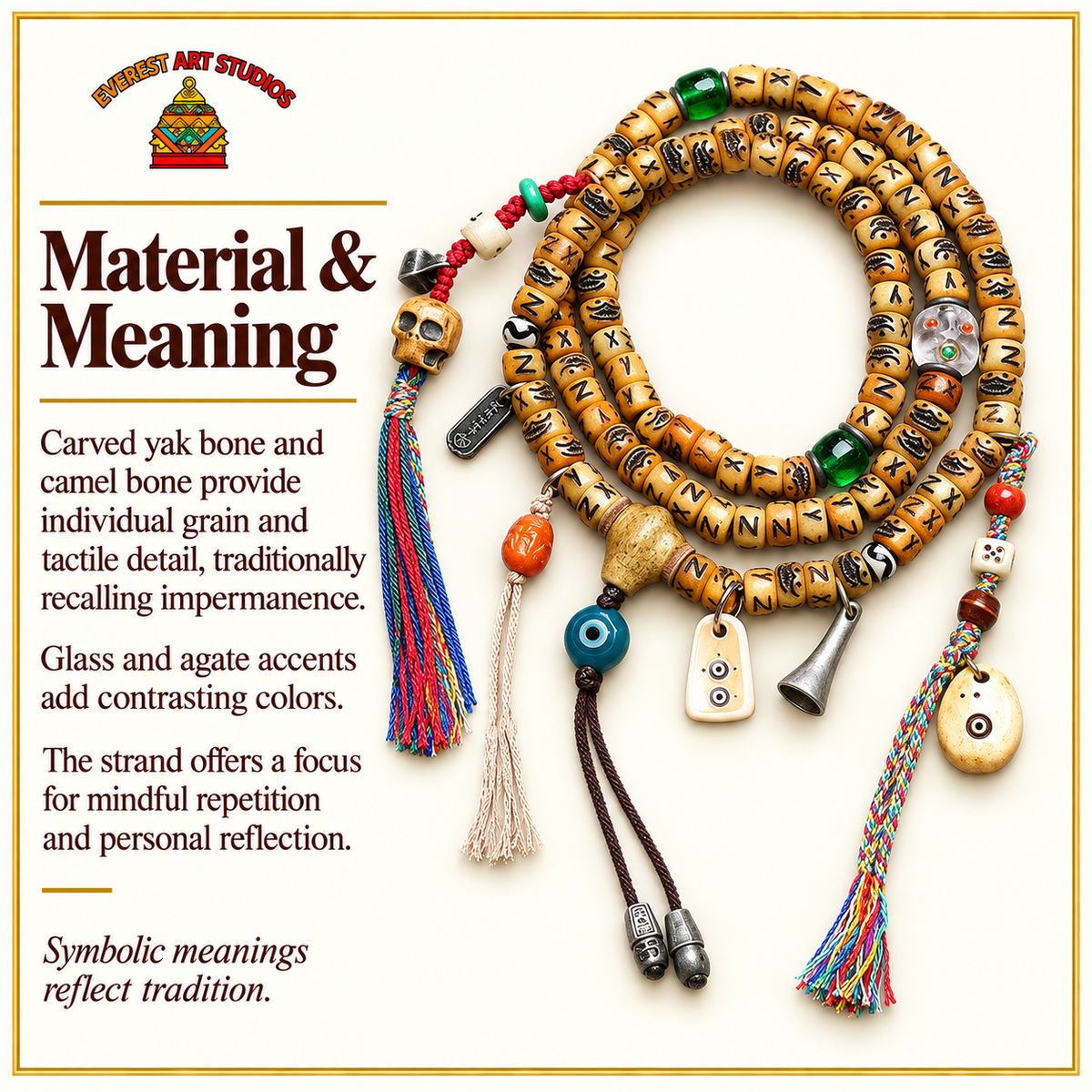 EverestArtstudios Carved Yak Bone 108-Bead Mala with Camel Bone, Glass and Agate Accents — materials meaning