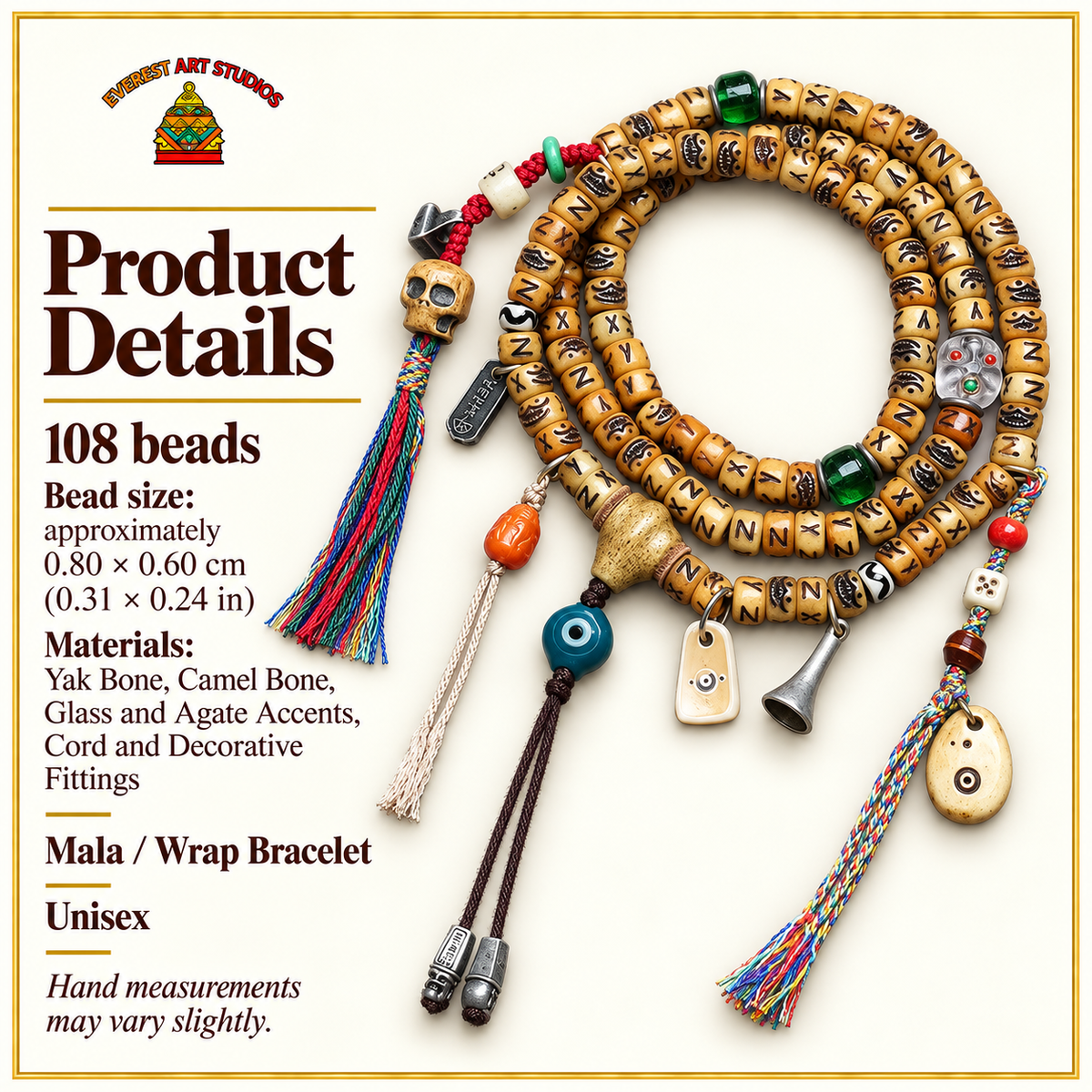EverestArtstudios Carved Yak Bone 108-Bead Mala with Camel Bone, Glass and Agate Accents — specifications