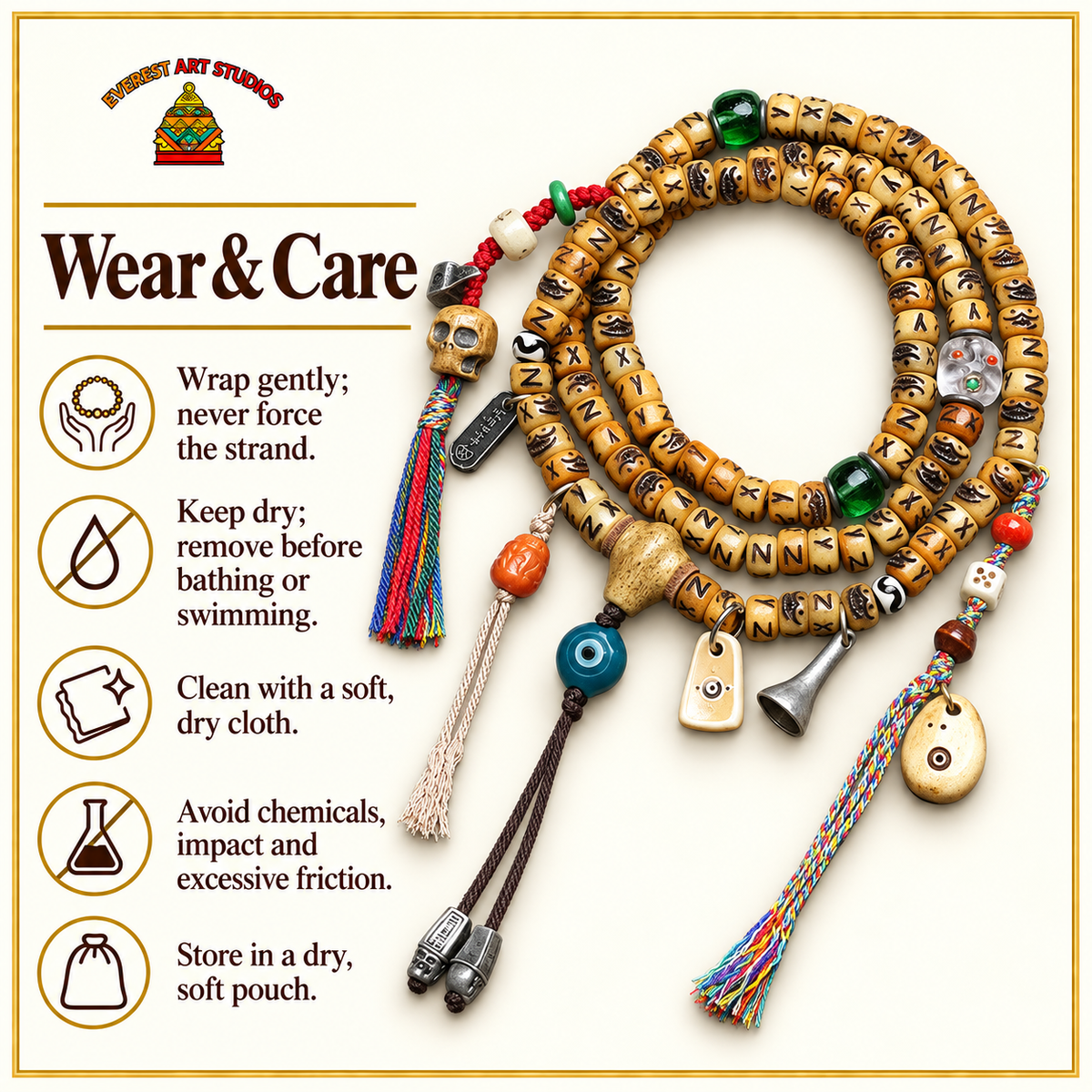 EverestArtstudios Carved Yak Bone 108-Bead Mala with Camel Bone, Glass and Agate Accents — care