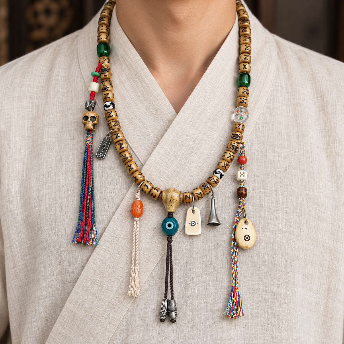 EverestArtstudios Carved Yak Bone 108-Bead Mala with Camel Bone, Glass and Agate Accents — linen front