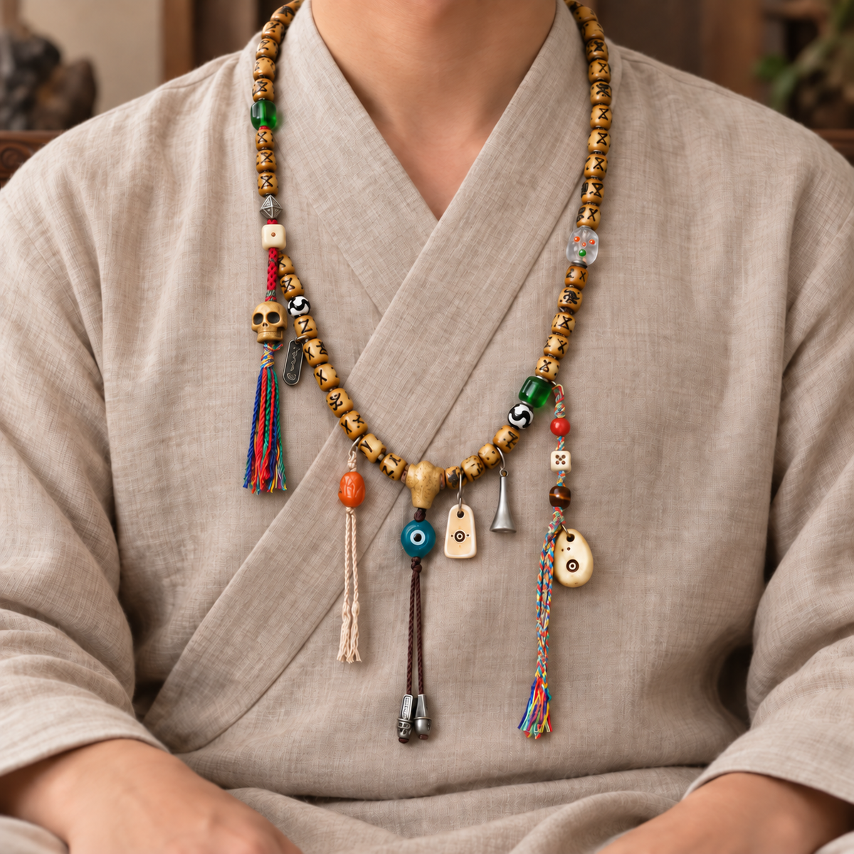 EverestArtstudios Carved Yak Bone 108-Bead Mala with Camel Bone, Glass and Agate Accents — linen seated