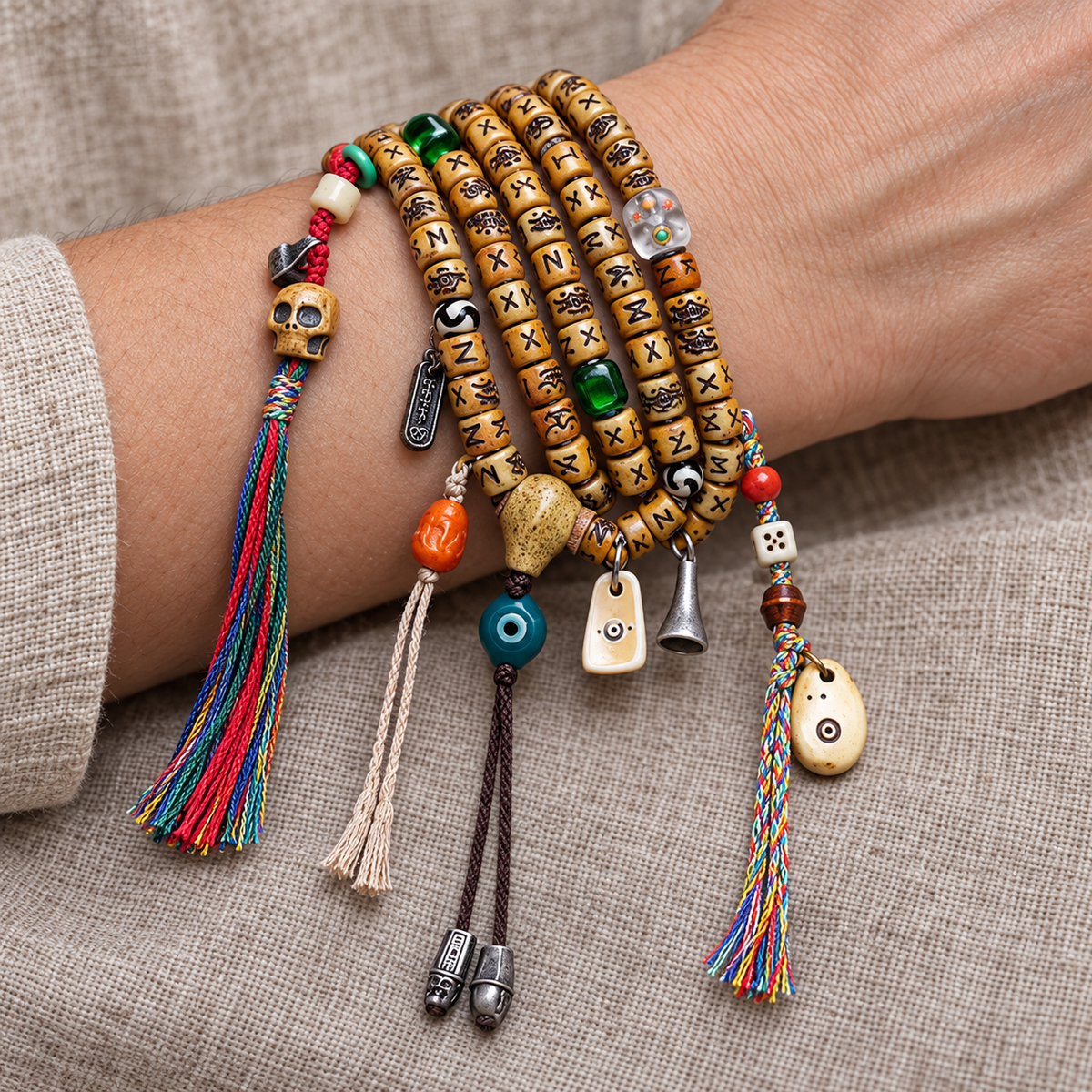 EverestArtstudios Carved Yak Bone 108-Bead Mala with Camel Bone, Glass and Agate Accents — wrist resting