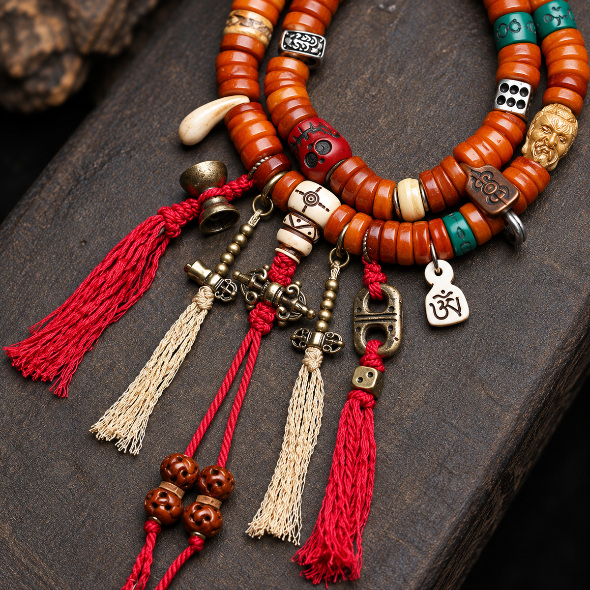 EverestArtstudios Bone 108-Bead Mala with Carved and Metal-Tone Accents — connection detail