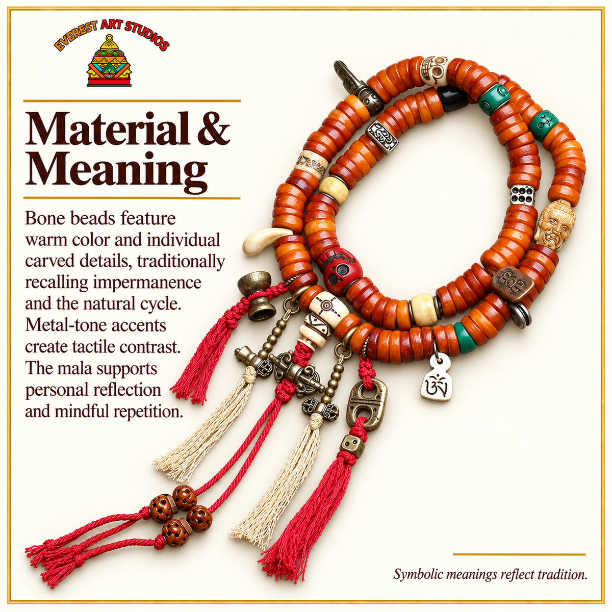EverestArtstudios Bone 108-Bead Mala with Carved and Metal-Tone Accents — materials meaning
