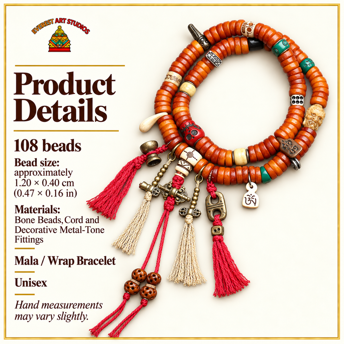 EverestArtstudios Bone 108-Bead Mala with Carved and Metal-Tone Accents — specifications